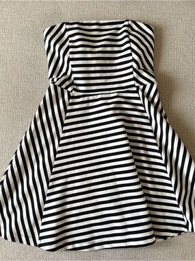 Express Black and White Stripe Strapless Dress with Gold Zip